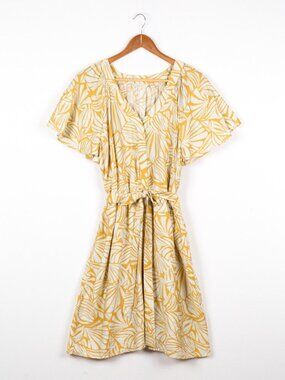 Max Weekenders Yellow Patterned V-Neck Viscose Belted Summer Casual Mini Dress L